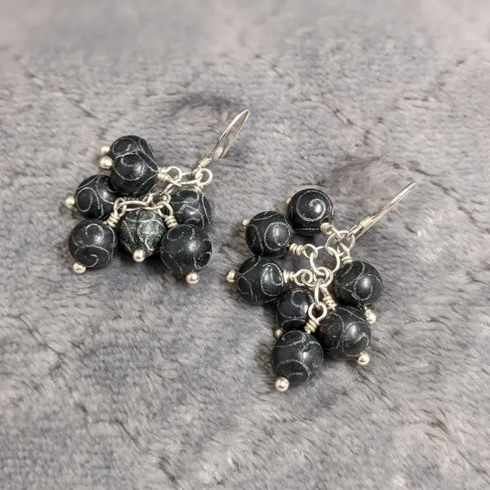 Vintage Artisan Made Carved Ceramic Bead Dangle Earrings on Sterling Silver - Picture 6 of 10